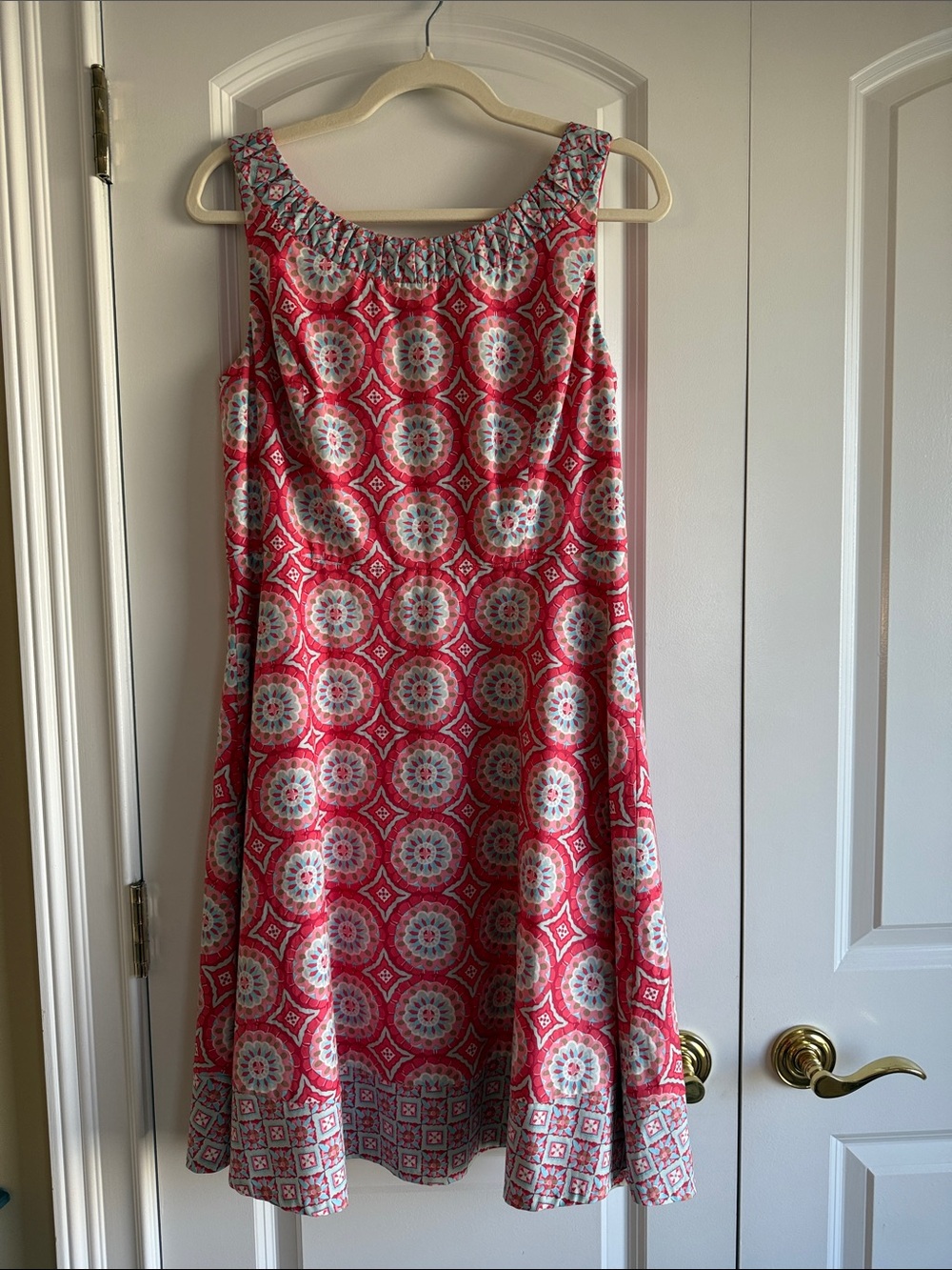 Talbots Coral, Blue, & White Printed Sleeveless Shift Dress, 8P, NWT!